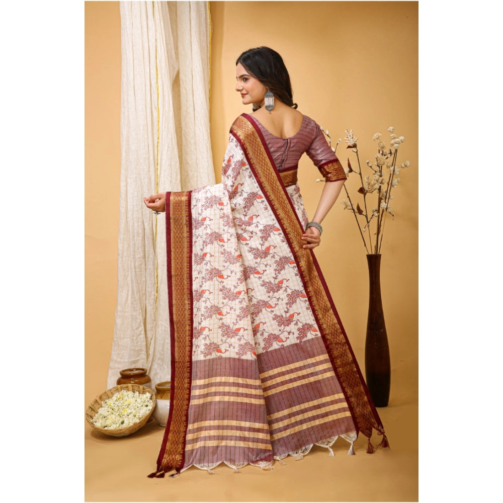 Generic Women's Soft Cotton Silk Printed Saree With Unstitched Blouse 5.5Mtr (Maroon)