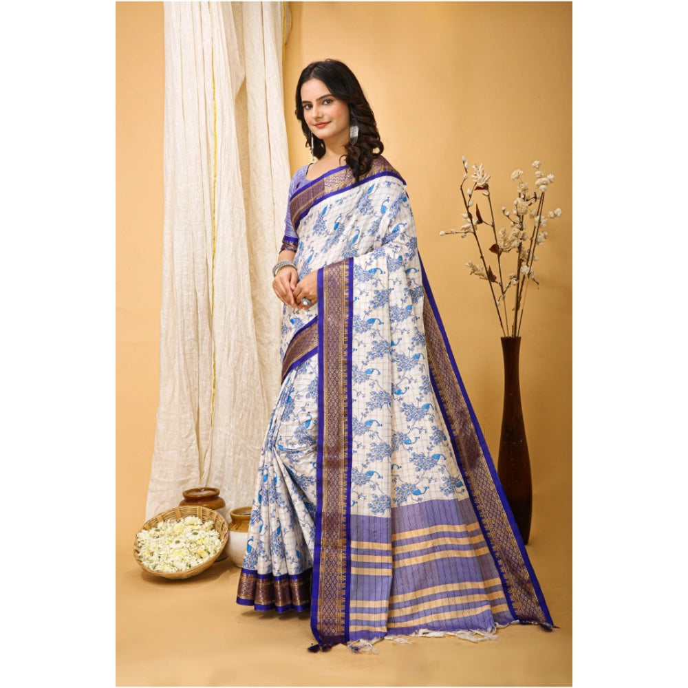 Generic Women's Soft Cotton Silk Printed Saree With Unstitched Blouse 5.5Mtr (Purple) Secondary image