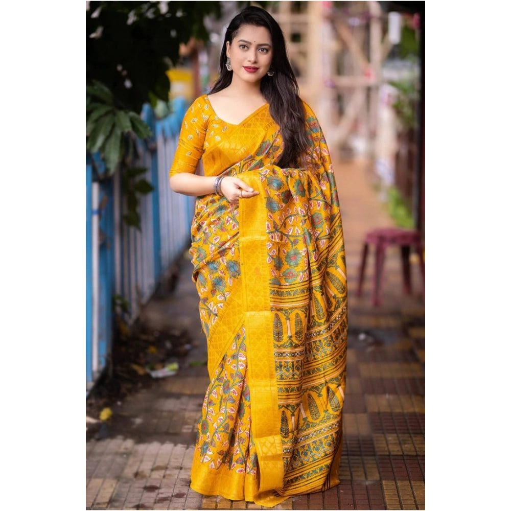Generic Women's Soft Dola Cotton Kalamkari Printed Saree With Unstitched Blouse 5.5Mtr (Yellow) Main image