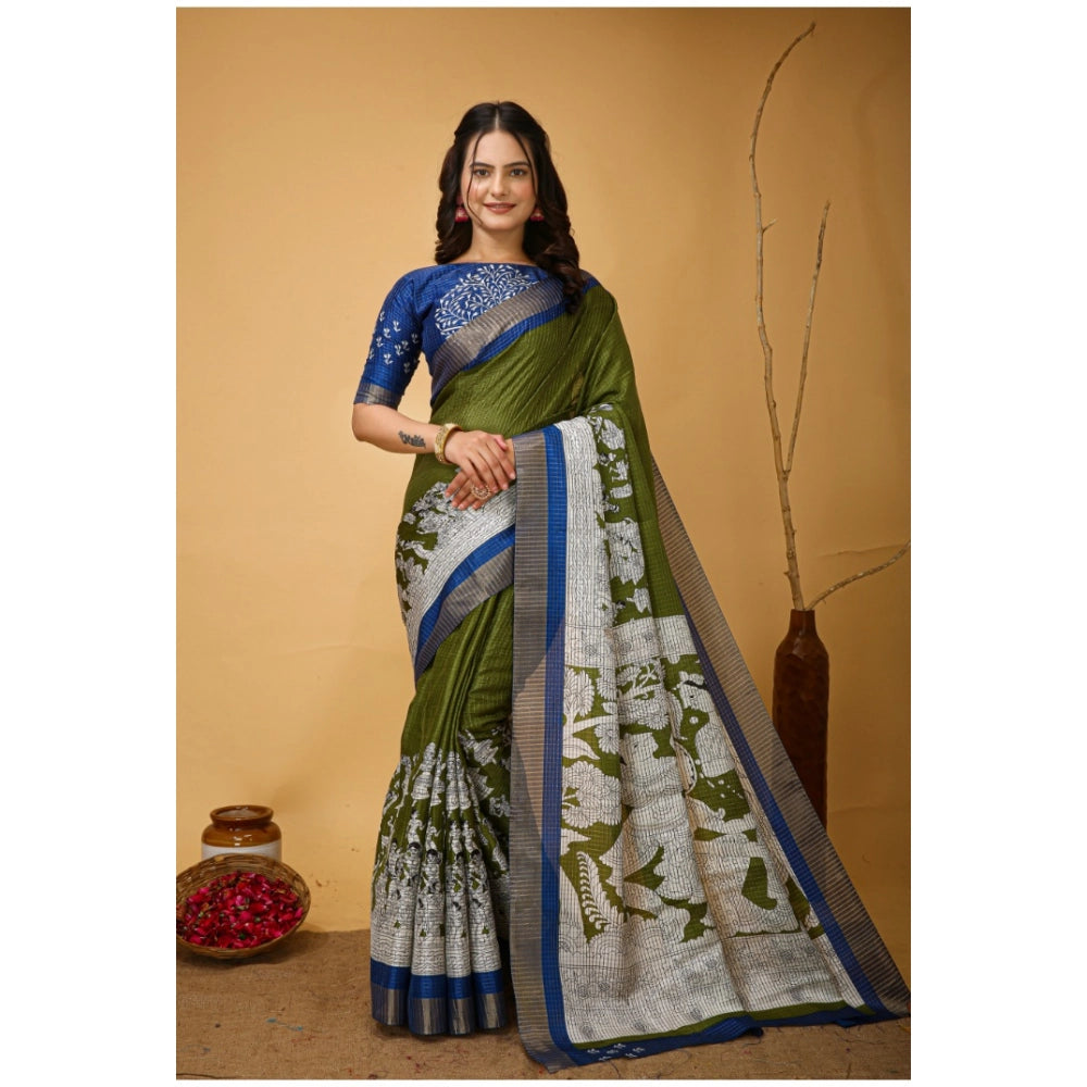 Generic Women's Soft Handloom Cotton Kalamkari Printed Saree With Unstitched Blouse 5.5Mtr (Mehendi) Main image