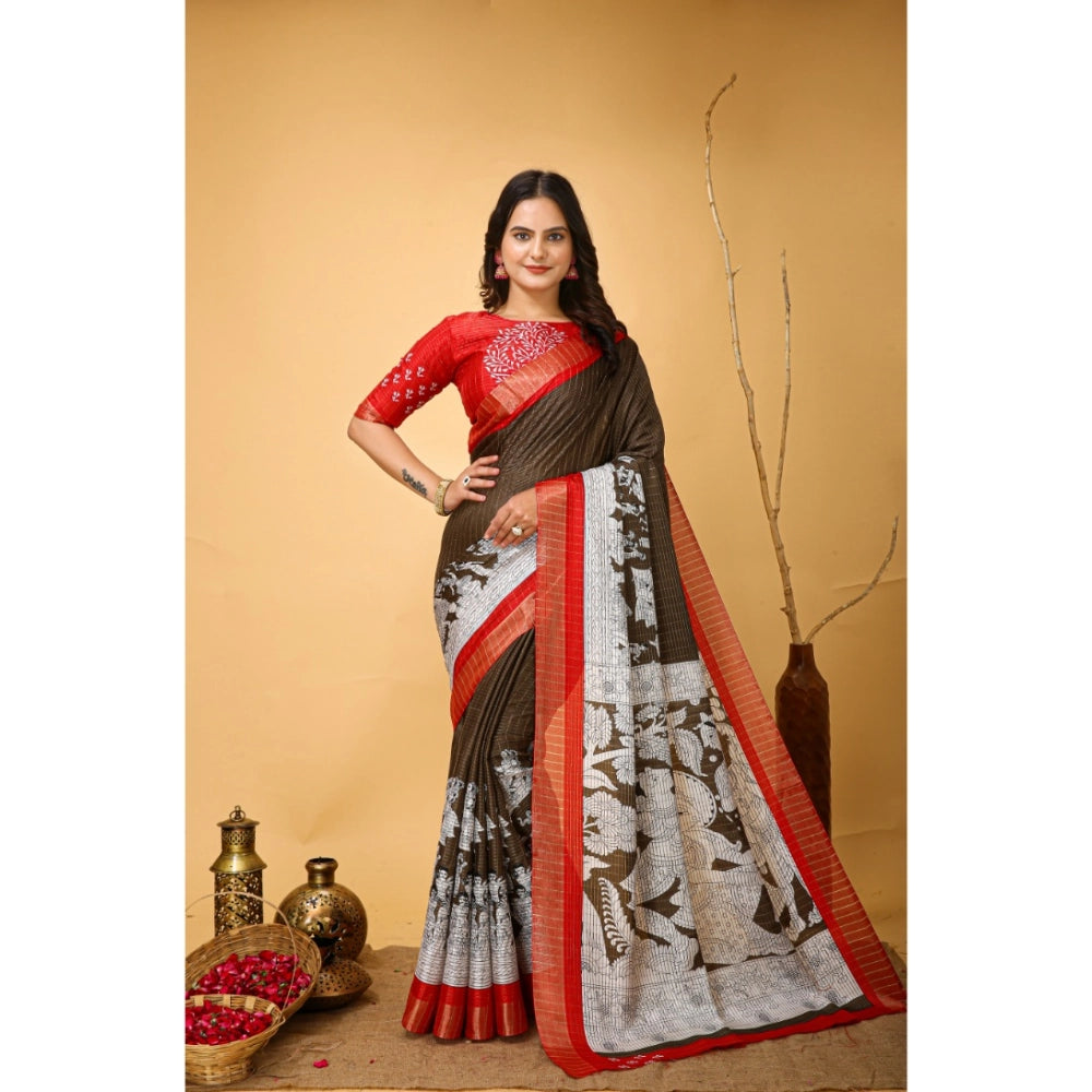 Generic Women's Soft Handloom Cotton Kalamkari Printed Saree With Unstitched Blouse 5.5Mtr (Brown) Main image