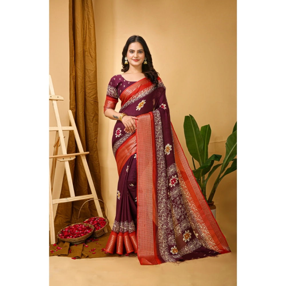 Generic Women's Soft Blooming Marshmallow Fabric Kalamkari Printed Saree With Unstitched Blouse 5.5Mtr (Wine) Main image