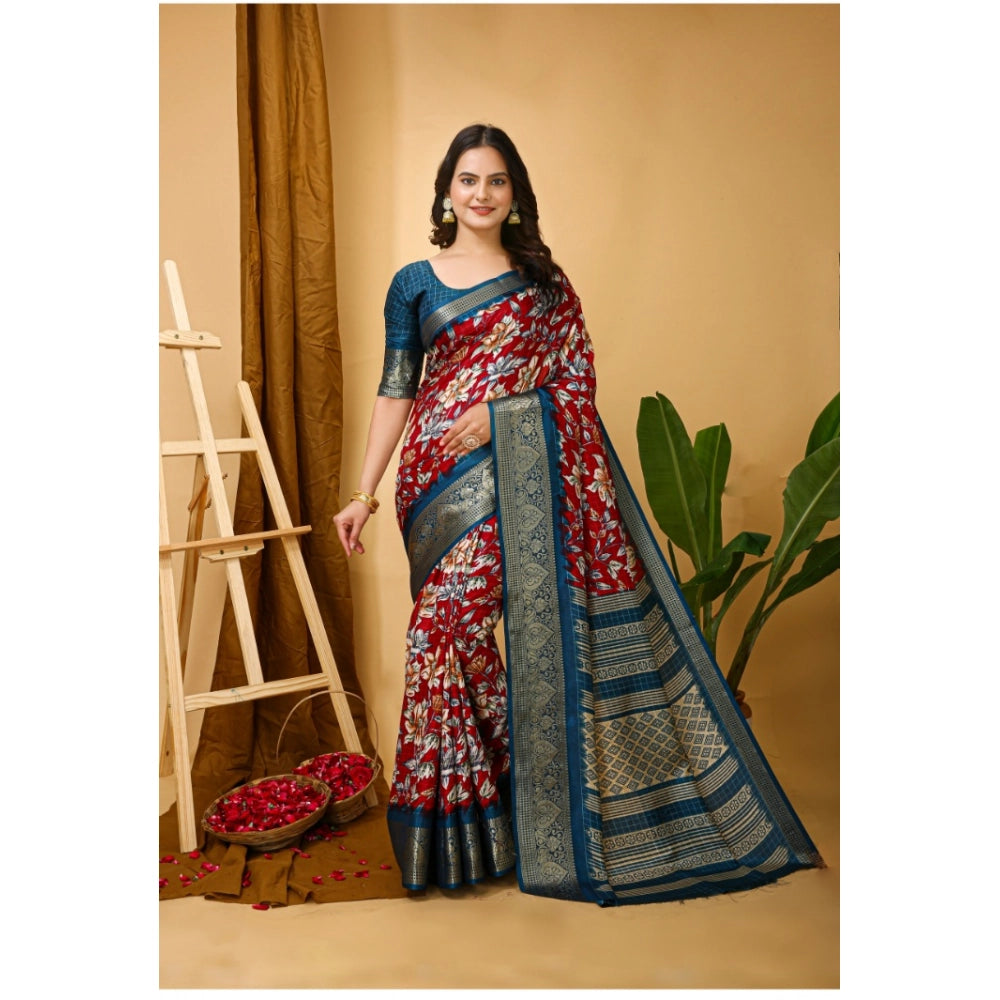Generic Women's Soft Dola Cotton Kalamkari Printed Saree With Unstitched Blouse 5.5Mtr (Red) Main image