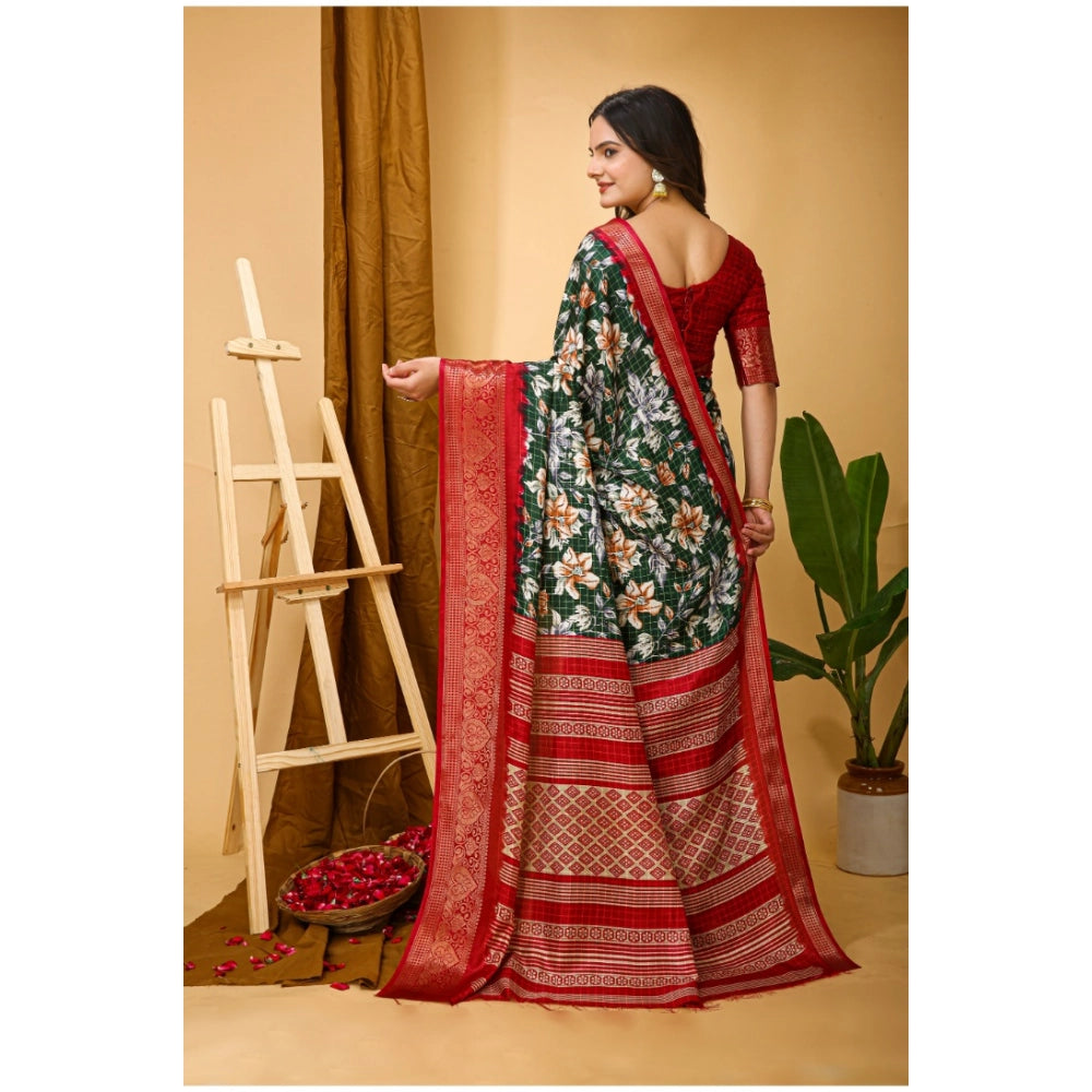 Generic Women's Soft Dola Cotton Kalamkari Printed Saree With Unstitched Blouse 5.5Mtr (Green) Secondary image