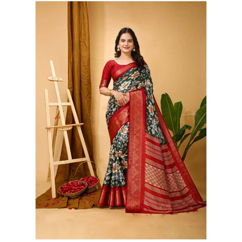 Generic Women's Soft Dola Cotton Kalamkari Printed Saree With Unstitched Blouse 5.5Mtr (Green)