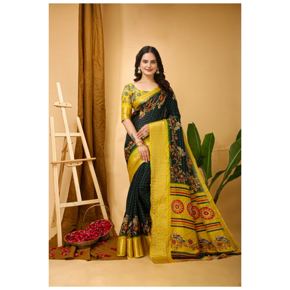 Generic Women's Soft Dola Cotton Kalamkari Printed Saree With Unstitched Blouse 5.5Mtr (Green) Secondary image