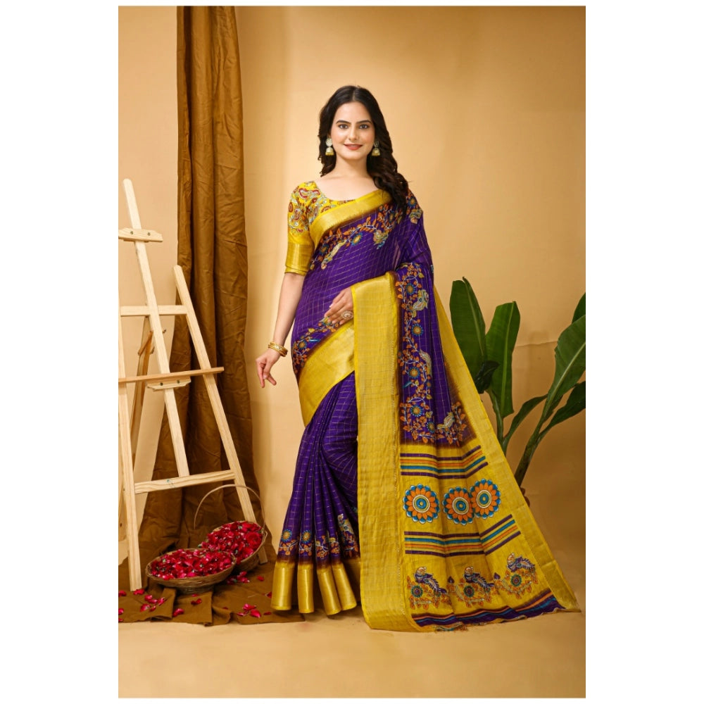 Generic Women's Soft Dola Cotton Kalamkari Printed Saree With Unstitched Blouse 5.5Mtr (Purple) Secondary image