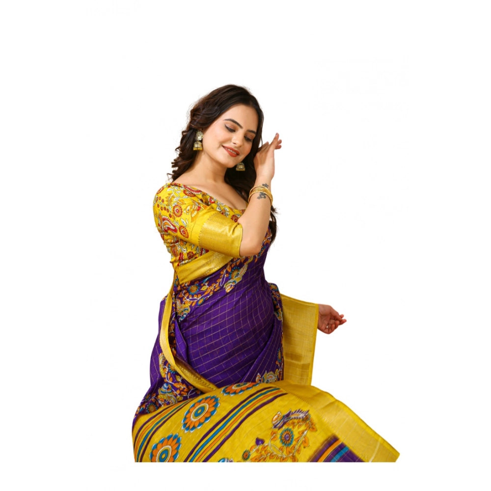 Generic Women's Soft Dola Cotton Kalamkari Printed Saree With Unstitched Blouse 5.5Mtr (Purple) Main image