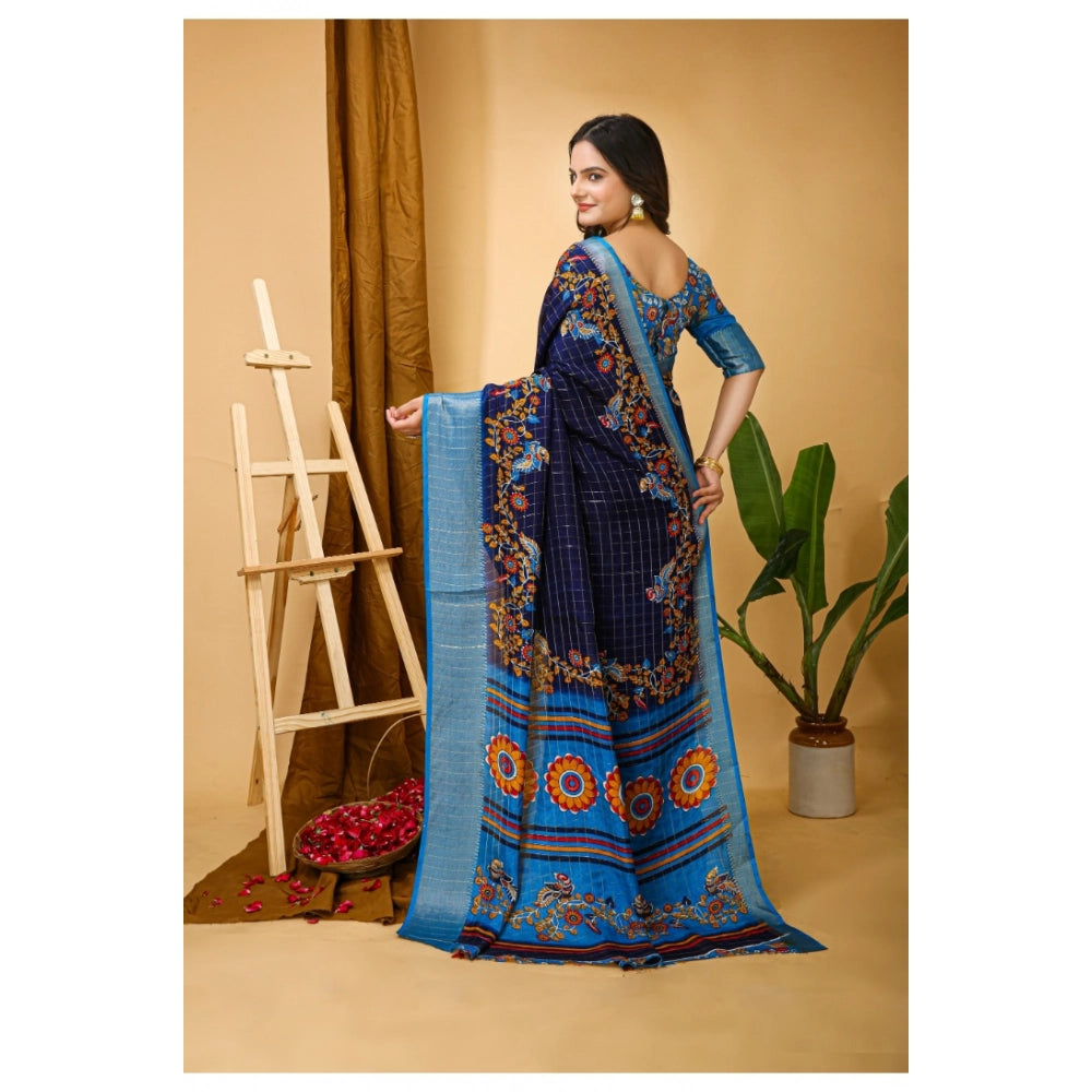 Generic Women's Soft Dola Cotton Kalamkari Printed Saree With Unstitched Blouse 5.5Mtr (Navy Blue)