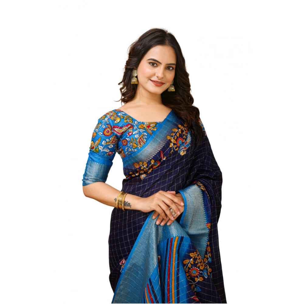 Generic Women's Soft Dola Cotton Kalamkari Printed Saree With Unstitched Blouse 5.5Mtr (Navy Blue) Main image