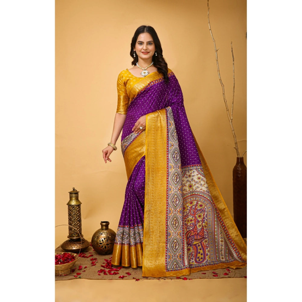 Generic Women's Soft Dola Cotton Kalamkari Printed Saree With Unstitched Blouse 5.5Mtr (Purple) Main image