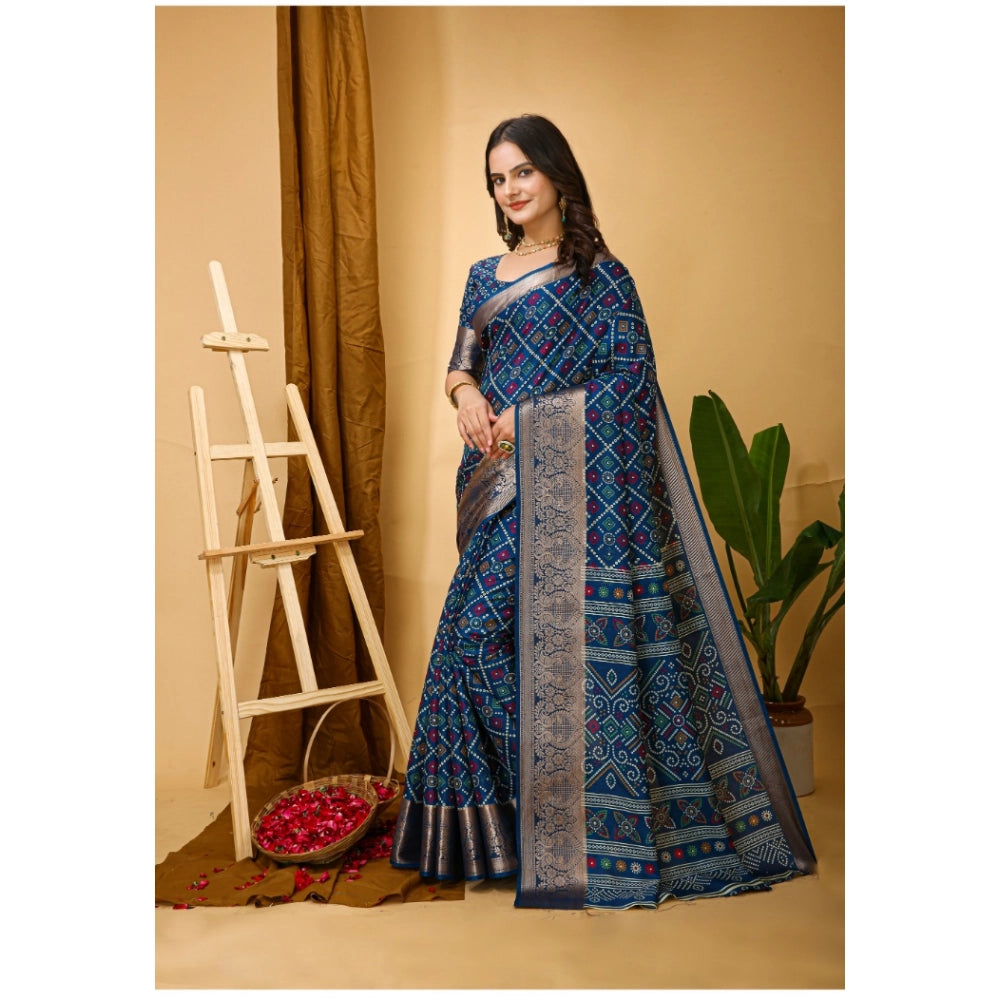 Generic Women's Soft Dola Cotton Kalamkari Printed Saree With Unstitched Blouse 5.5Mtr (Blue) Secondary image