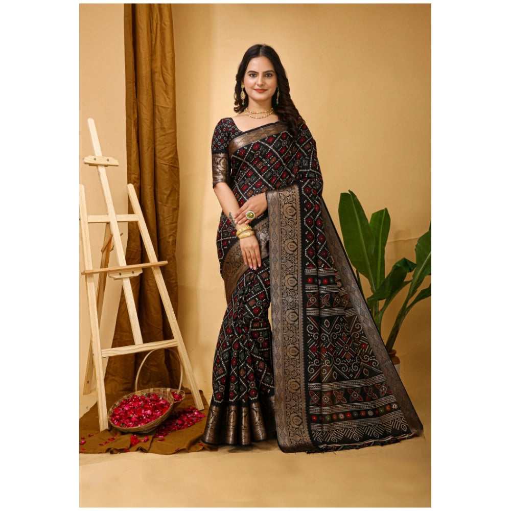 Generic Women's Soft Dola Cotton Kalamkari Printed Saree With Unstitched Blouse 5.5Mtr (Black) Main image