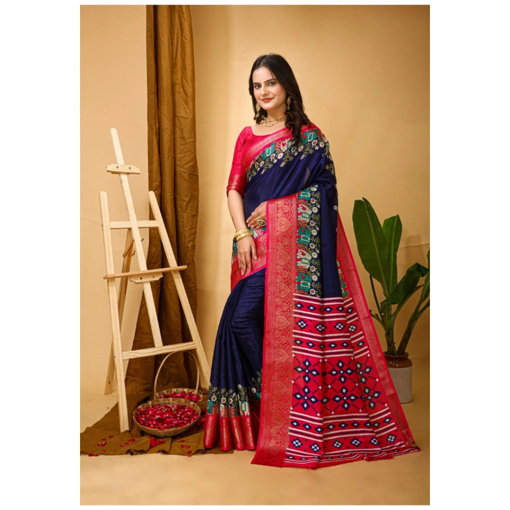 Generic Women's Soft Dola Cotton Kalamkari Printed Saree With Unstitched Blouse 5.5Mtr (Navy Blue) Secondary image
