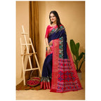 Generic Women's Soft Dola Cotton Kalamkari Printed Saree With Unstitched Blouse 5.5Mtr (Navy Blue)