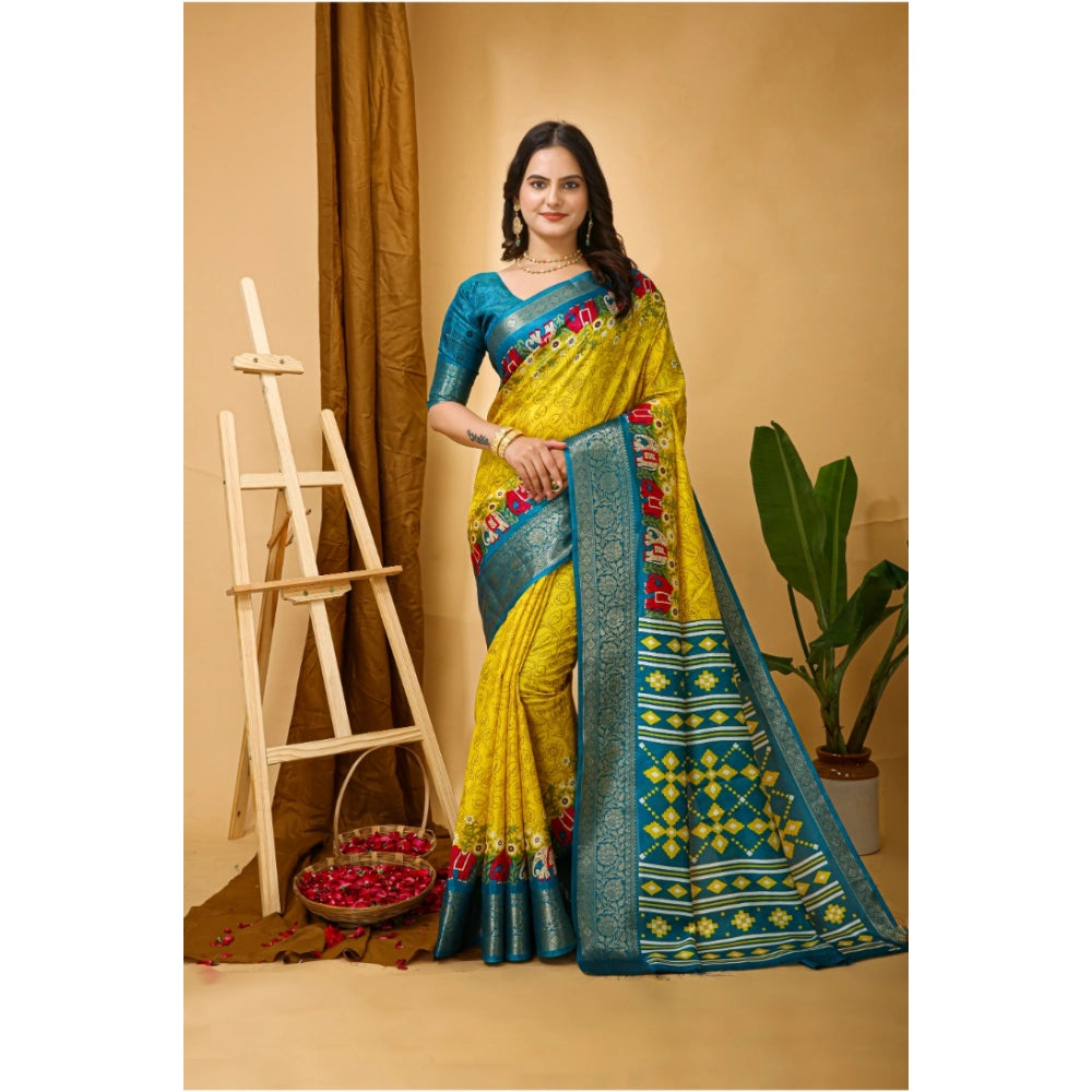 Generic Women's Soft Dola Cotton Kalamkari Printed Saree With Unstitched Blouse 5.5Mtr (Yellow) Main image