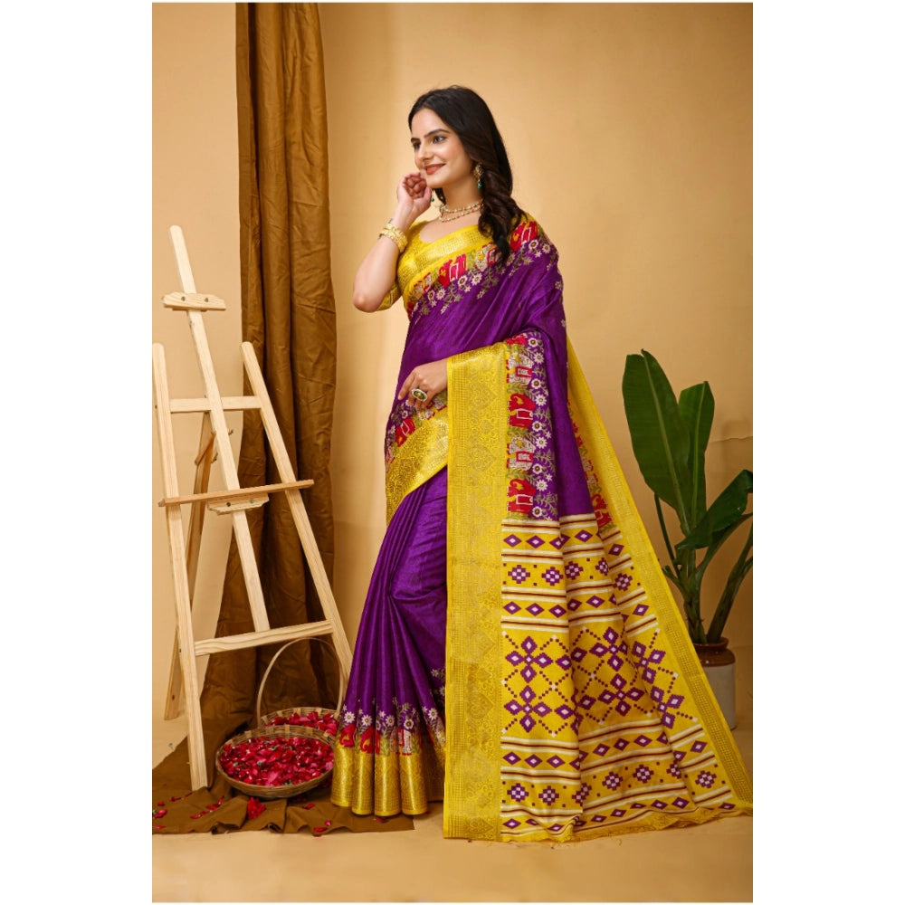 Generic Women's Soft Dola Cotton Kalamkari Printed Saree With Unstitched Blouse 5.5Mtr (Purple) Secondary image