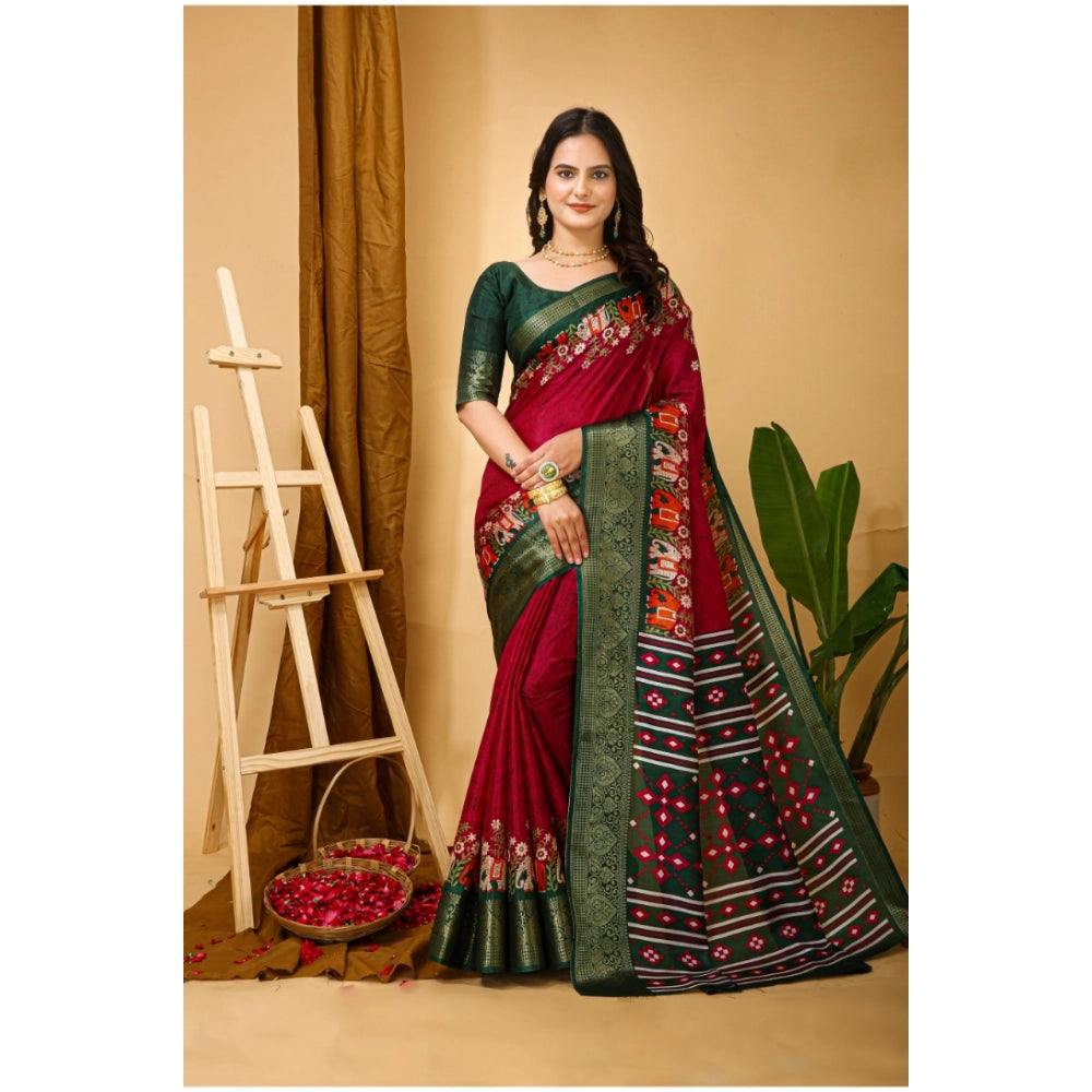 Generic Women's Soft Dola Cotton Kalamkari Printed Saree With Unstitched Blouse 5.5Mtr (Red) Main image