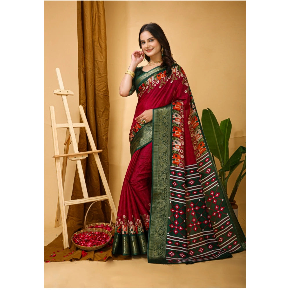 Generic Women's Soft Dola Cotton Kalamkari Printed Saree With Unstitched Blouse 5.5Mtr (Red) Secondary image