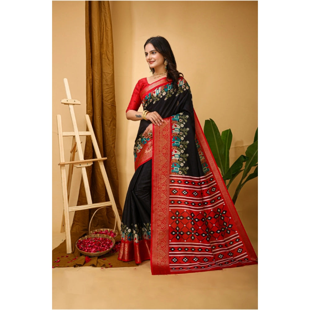 Generic Women's Soft Dola Cotton Kalamkari Printed Saree With Unstitched Blouse 5.5Mtr (Black) Secondary image