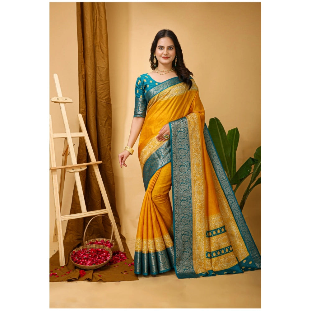 Generic Women's Soft Dola Cotton Kalamkari Printed Saree With Unstitched Blouse 5.5Mtr (Yellow) Main image