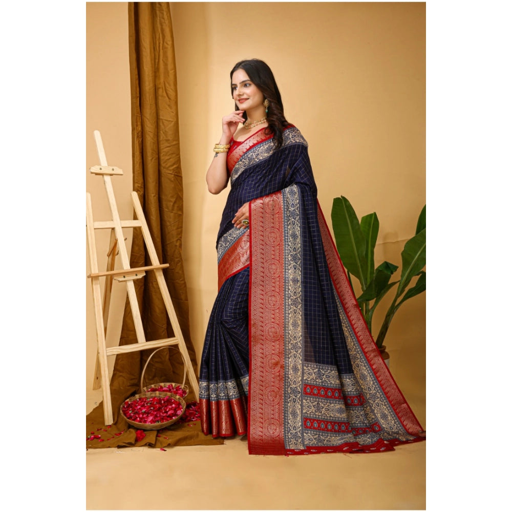 Generic Women's Soft Dola Cotton Kalamkari Printed Saree With Unstitched Blouse 5.5Mtr (Navy Blue) Secondary image