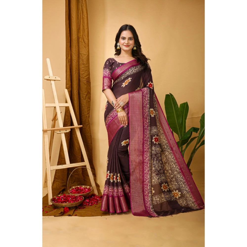Generic Women's Soft Blooming Marshmallow Fabric Kalamkari Printed Saree With Unstitched Blouse 5.5Mtr (Maroon) Main image