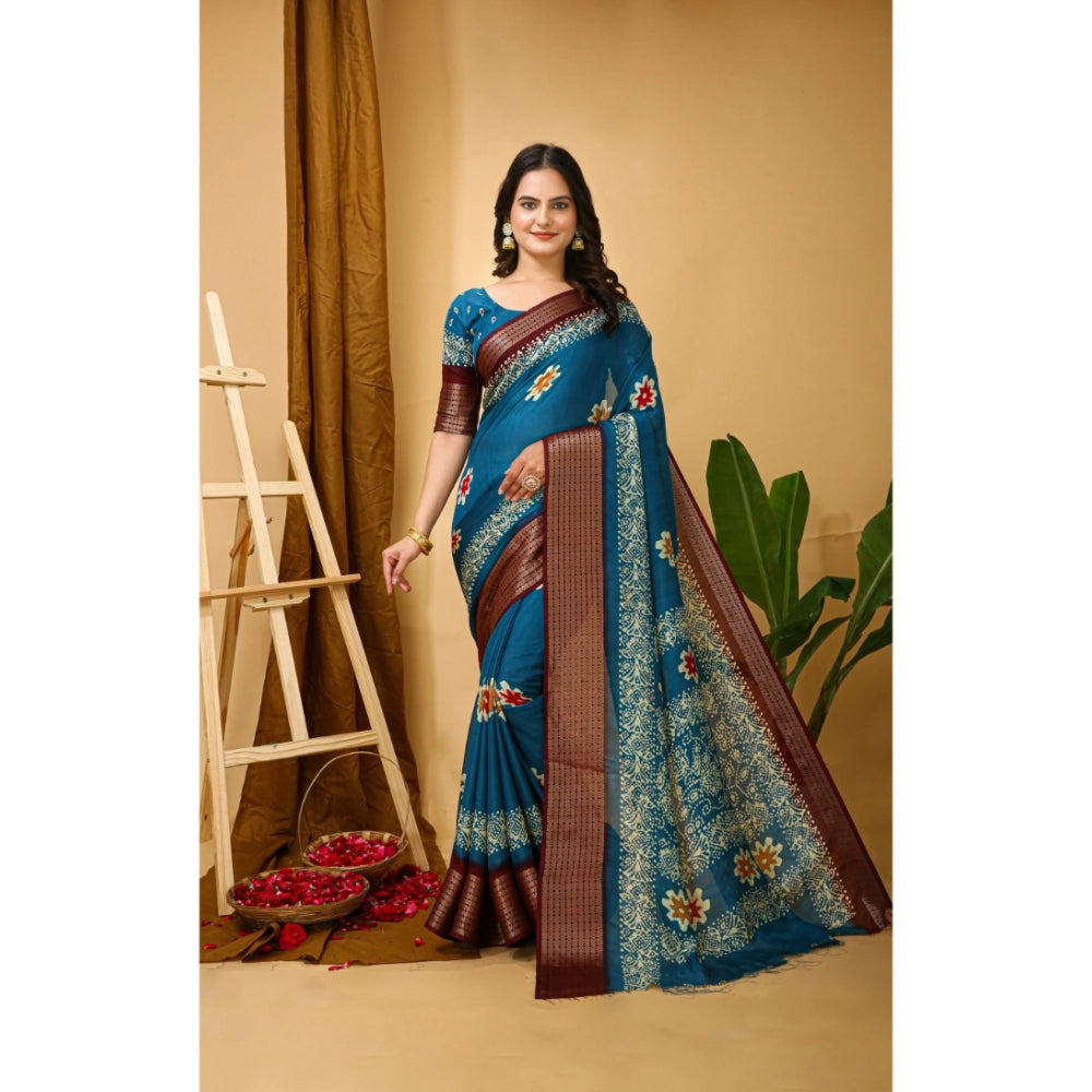 Generic Women's Soft Blooming Marshmallow Fabric Kalamkari Printed Saree With Unstitched Blouse 5.5Mtr (Blue) Main image