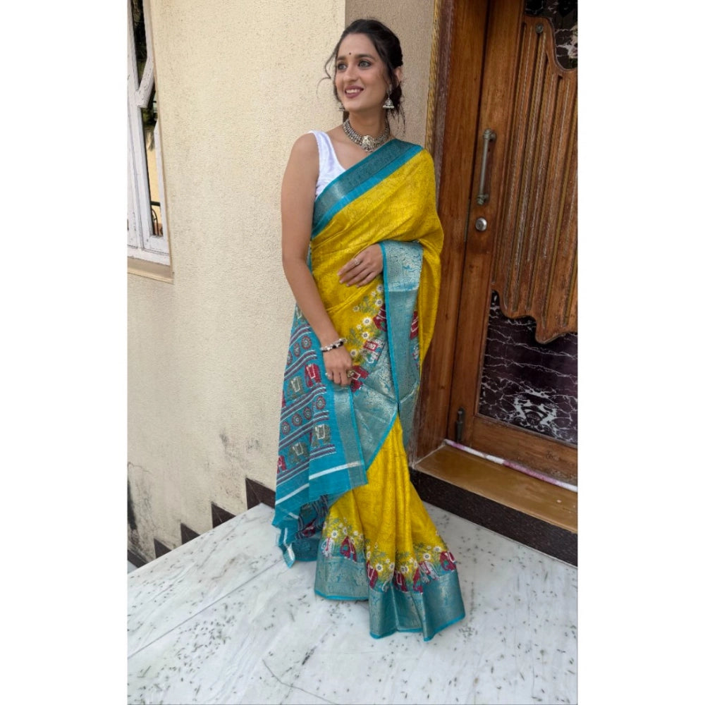 Generic Women's Soft Dola Cotton Kalamkari Printed Saree With Unstitched Blouse 5.5Mtr (Mustard) Main image