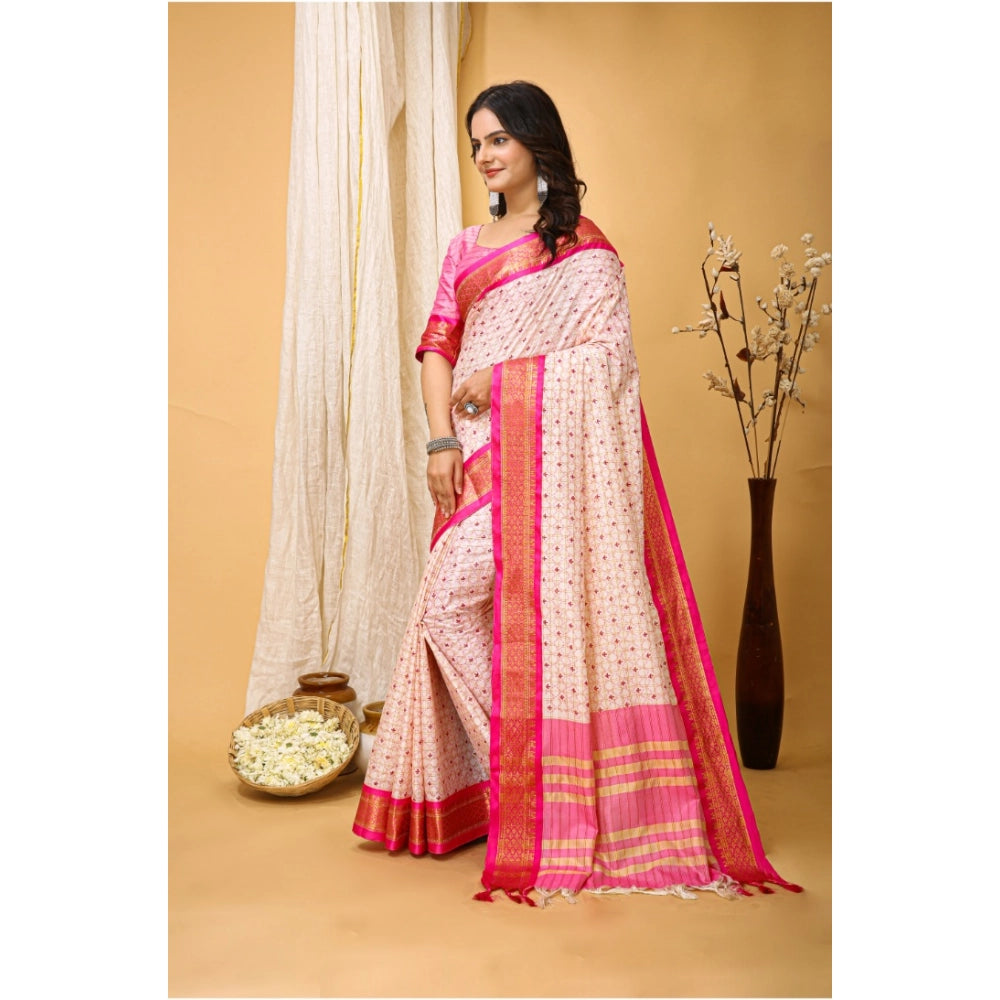 Generic Women's Soft Cotton Silk Printed Saree With Unstitched Blouse 5.5Mtr (Pink) Secondary image