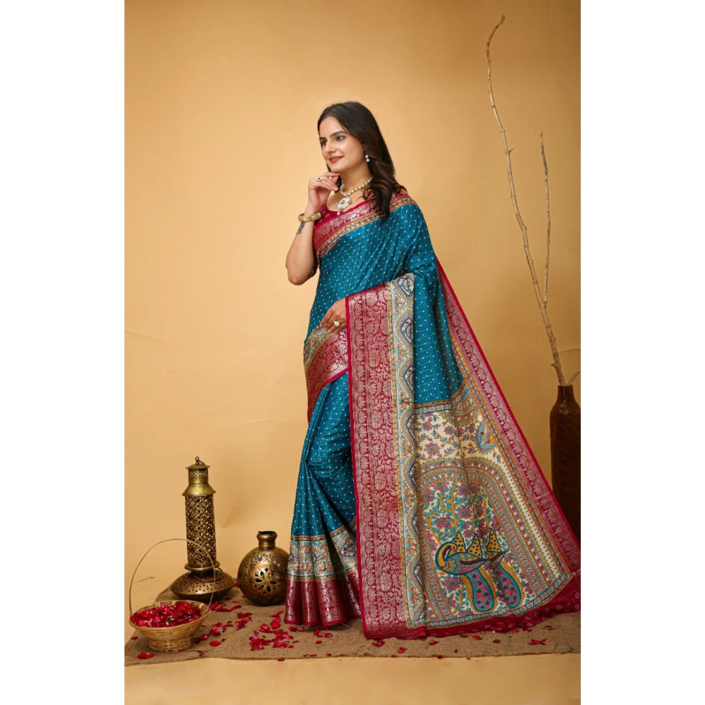 Generic Women's Soft Dola Cotton Kalamkari Printed Saree With Unstitched Blouse 5.5Mtr (Sky Blue) Secondary image