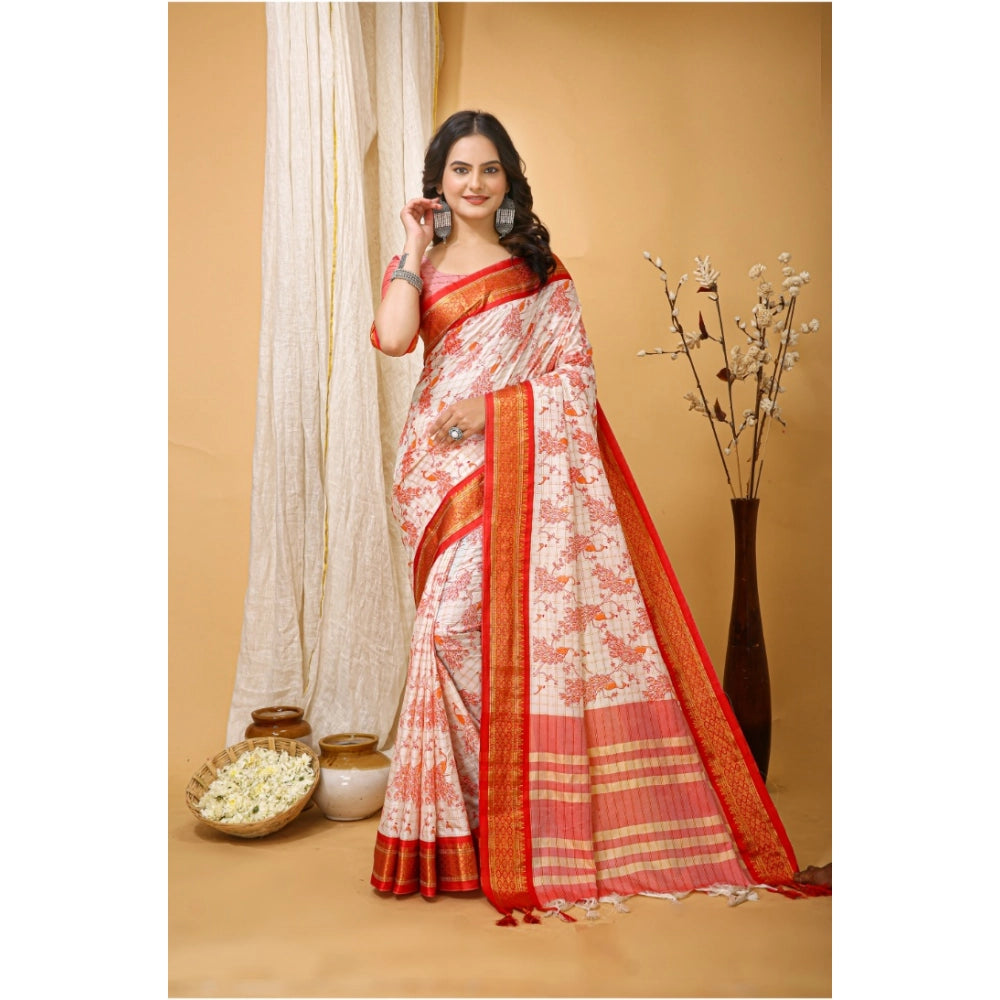 Generic Women's Soft Cotton Silk Printed Saree With Unstitched Blouse 5.5Mtr (Red) Main image