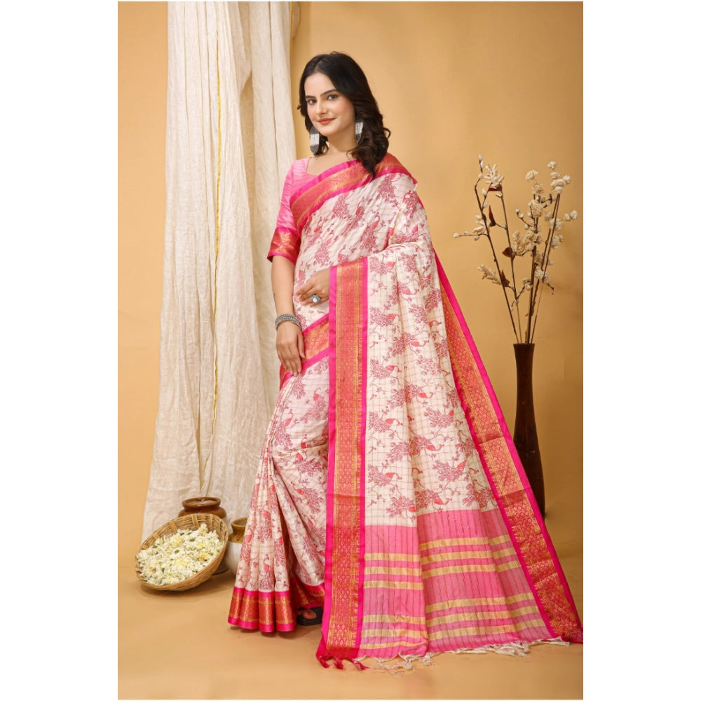 Generic Women's Soft Cotton Silk Printed Saree With Unstitched Blouse 5.5Mtr (Pink) Secondary image
