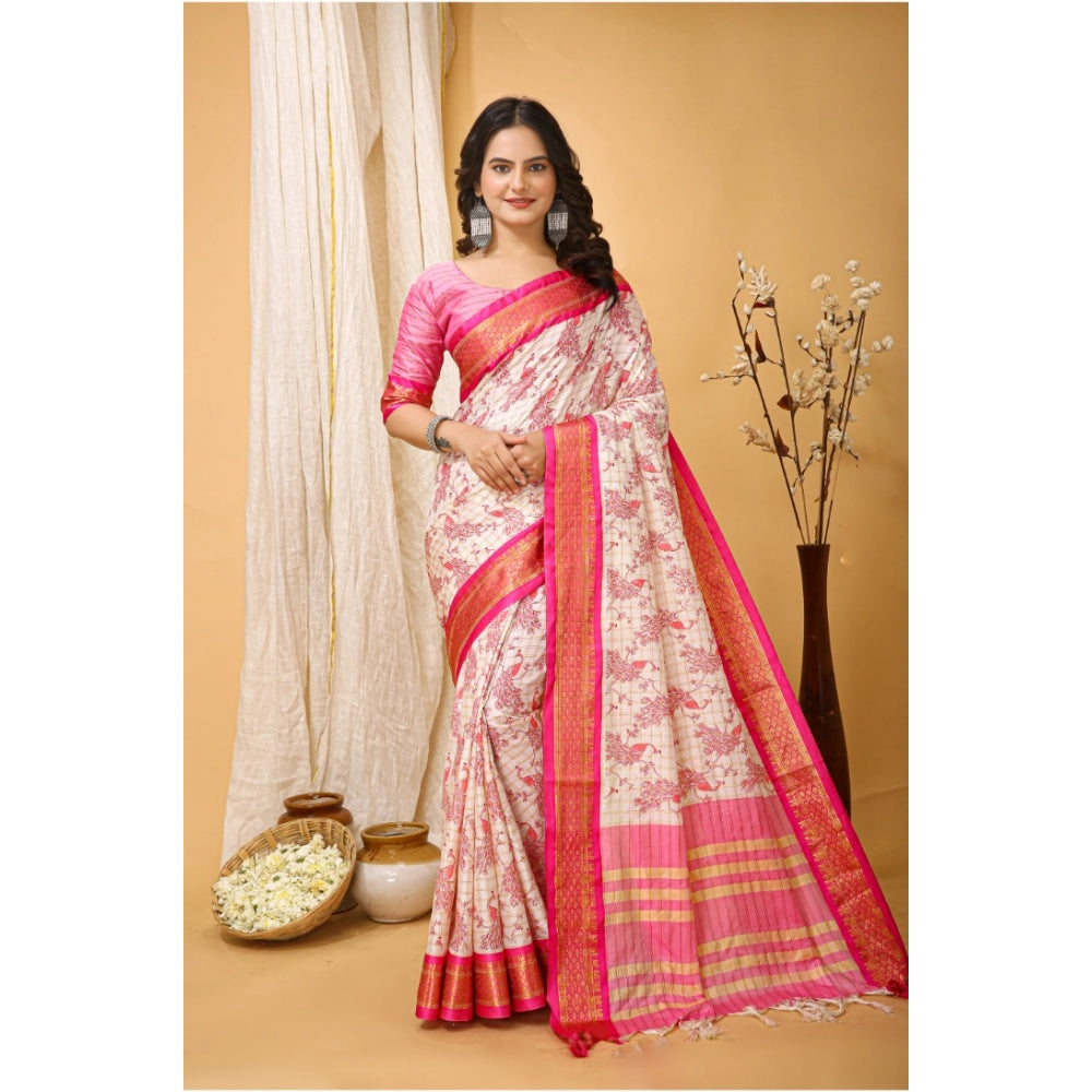 Generic Women's Soft Cotton Silk Printed Saree With Unstitched Blouse 5.5Mtr (Pink) Main image