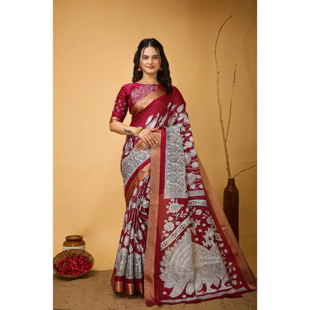 Generic Women's Soft Handloom Cotton Kalamkari Printed Saree With Unstitched Blouse 5.5Mtr (Maroon) Main image