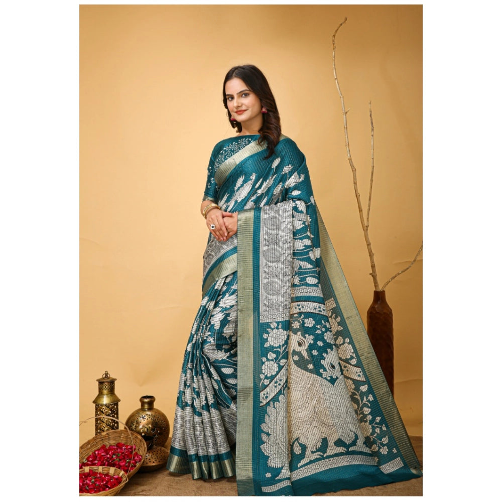 Generic Women's Soft Handloom Cotton Kalamkari Printed Saree With Unstitched Blouse 5.5Mtr (Turquoise) Secondary image