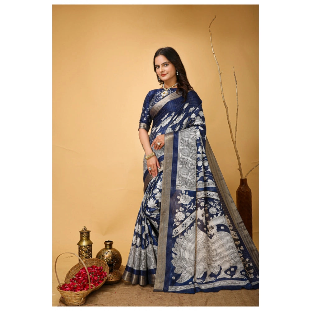 Generic Women's Soft Handloom Cotton Kalamkari Printed Saree With Unstitched Blouse 5.5Mtr (Blue) Secondary image