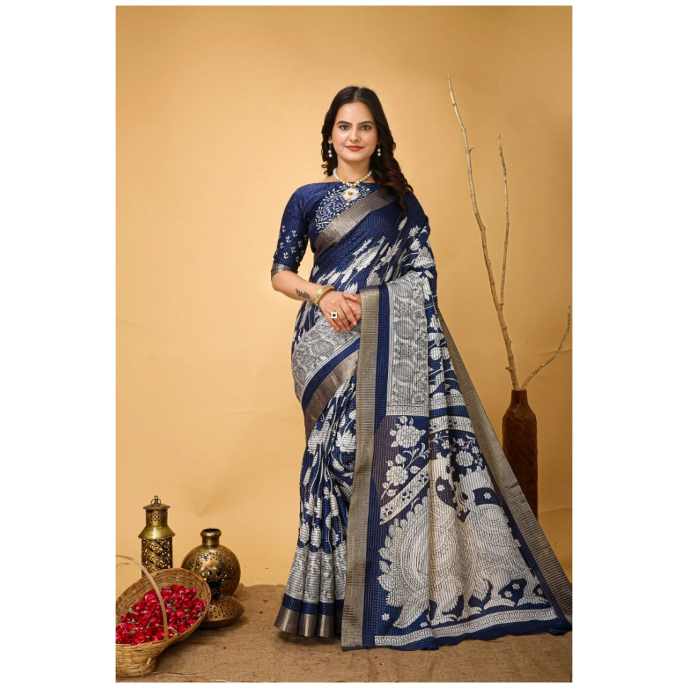 Generic Women's Soft Handloom Cotton Kalamkari Printed Saree With Unstitched Blouse 5.5Mtr (Blue) Main image