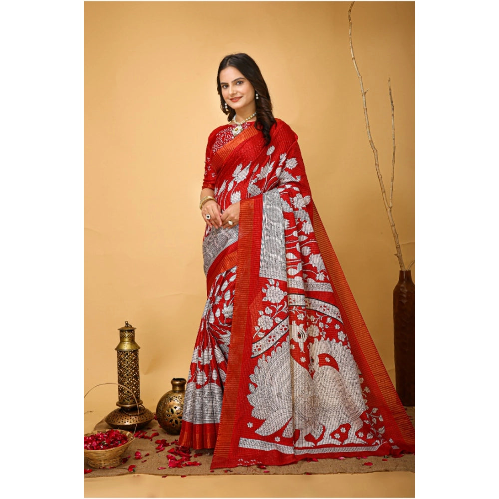 Generic Women's Soft Handloom Cotton Kalamkari Printed Saree With Unstitched Blouse 5.5Mtr (Red) Secondary image
