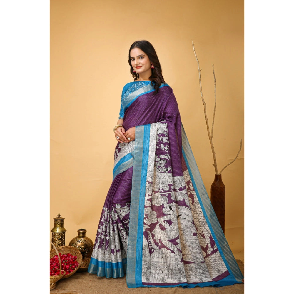 Generic Women's Soft Handloom Cotton Kalamkari Printed Saree With Unstitched Blouse 5.5Mtr (Purple) Secondary image