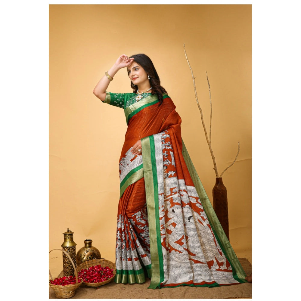 Generic Women's Soft Handloom Cotton Kalamkari Printed Saree With Unstitched Blouse 5.5Mtr (Orange) Secondary image