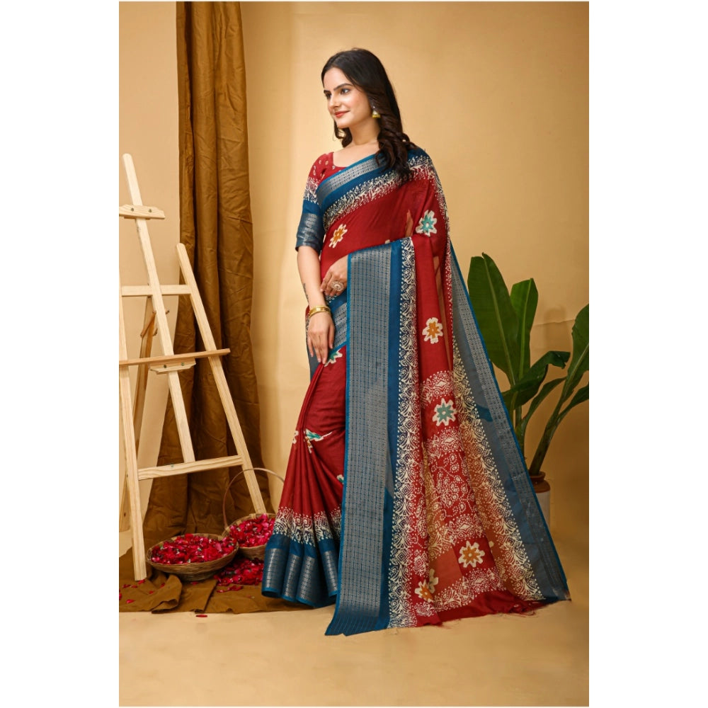 Generic Women's Soft Blooming Marshmallow Fabric Kalamkari Printed Saree With Unstitched Blouse 5.5Mtr (Red) Secondary image