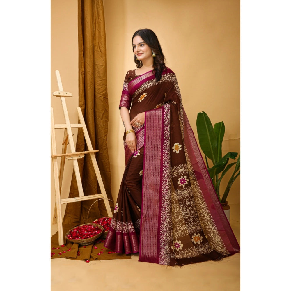 Generic Women's Soft Blooming Marshmallow Fabric Kalamkari Printed Saree With Unstitched Blouse 5.5Mtr (Maroon) Secondary image