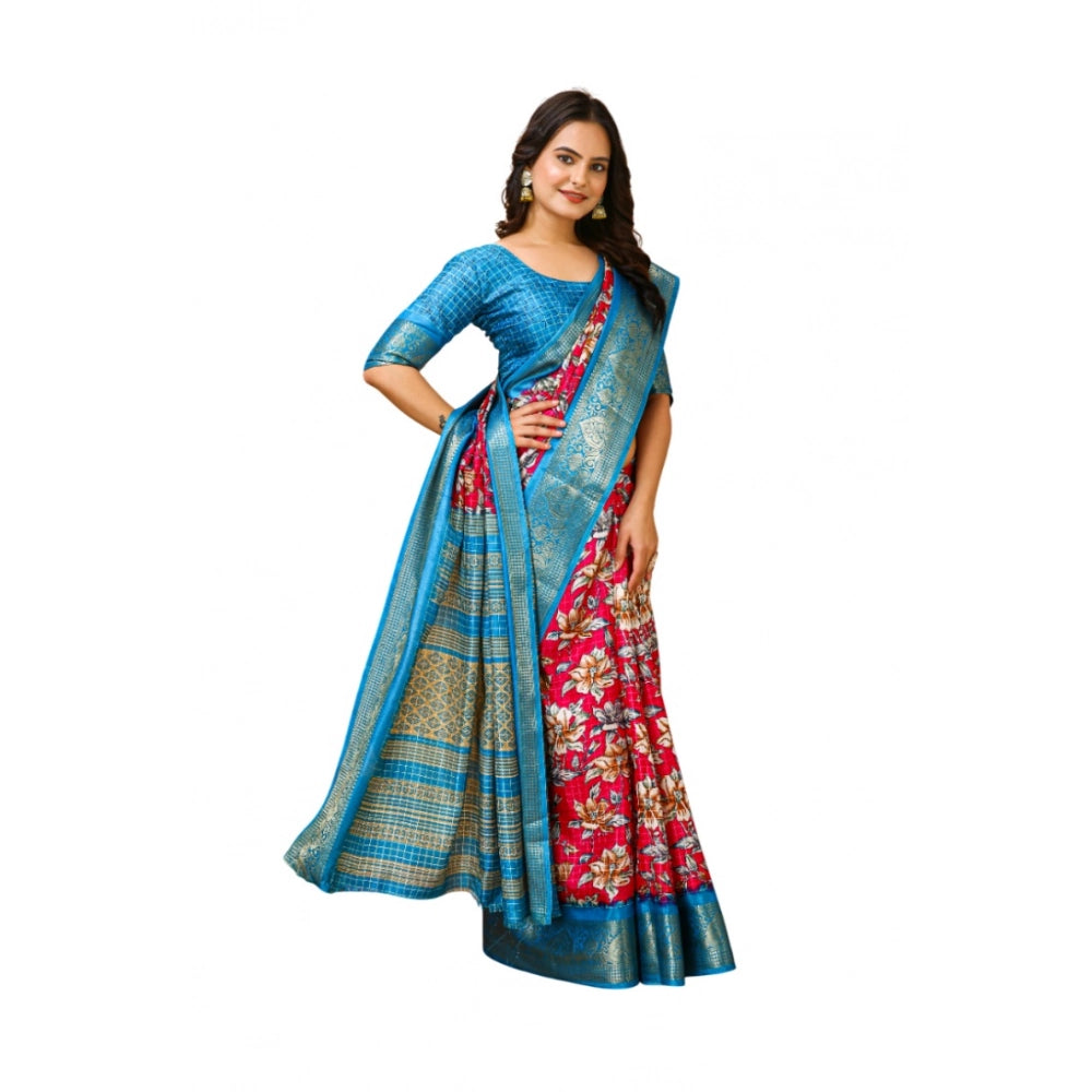 Generic Women's Soft Dola Cotton Kalamkari Printed Saree With Unstitched Blouse 5.5Mtr (Pink) Main image