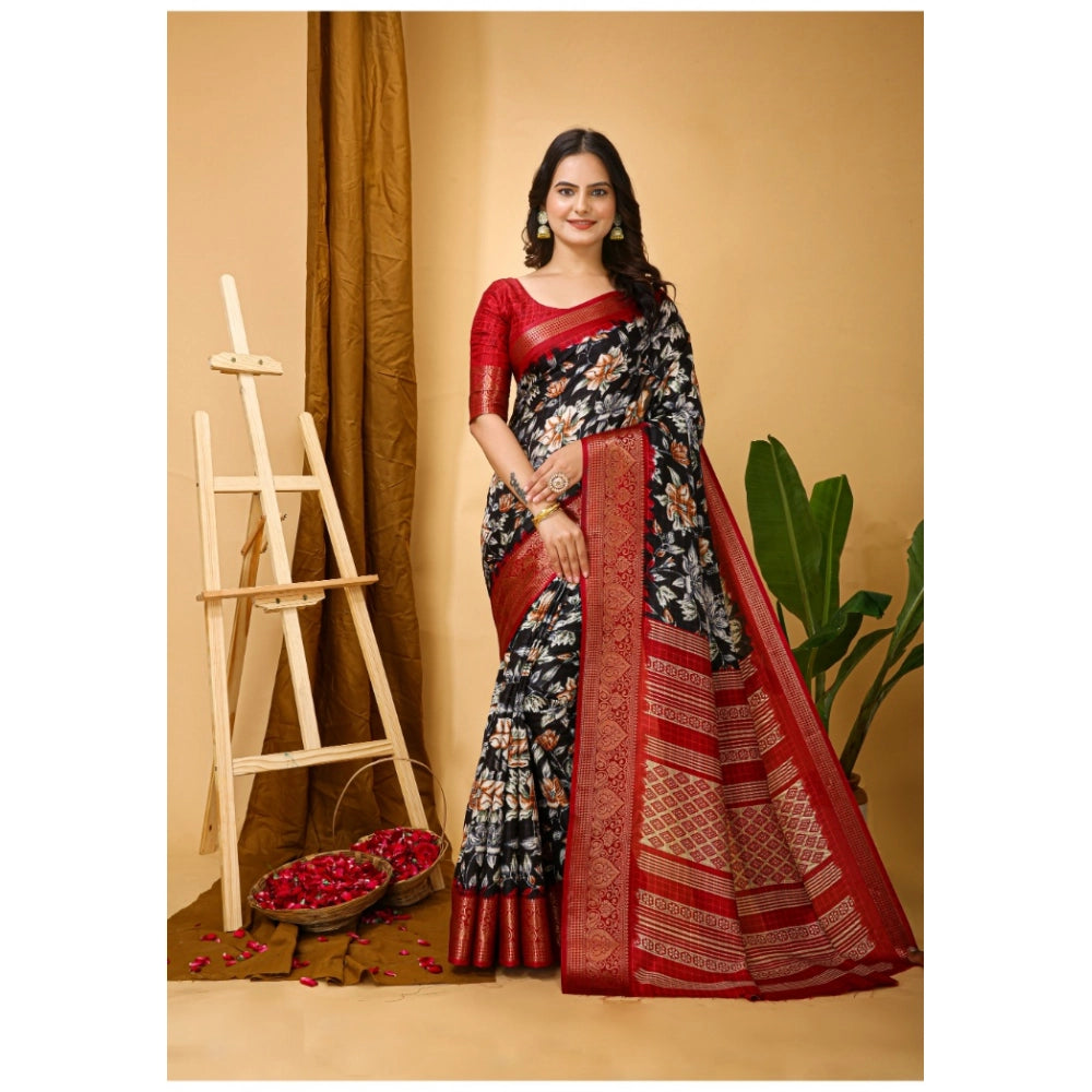 Generic Women's Soft Dola Cotton Kalamkari Printed Saree With Unstitched Blouse 5.5Mtr (Black) Main image