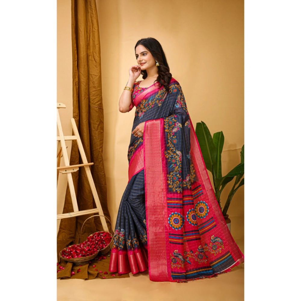 Generic Women's Soft Dola Cotton Kalamkari Printed Saree With Unstitched Blouse 5.5Mtr (Grey) Secondary image