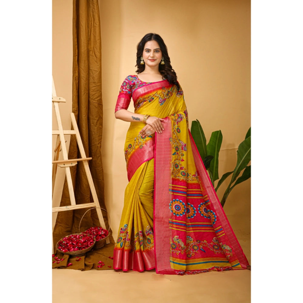 Generic Women's Soft Dola Cotton Kalamkari Printed Saree With Unstitched Blouse 5.5Mtr (Yellow) Secondary image