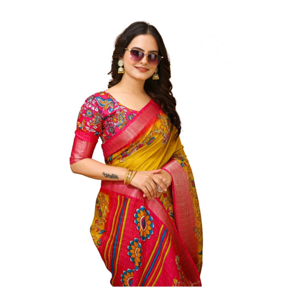 Generic Women's Soft Dola Cotton Kalamkari Printed Saree With Unstitched Blouse 5.5Mtr (Yellow) Main image