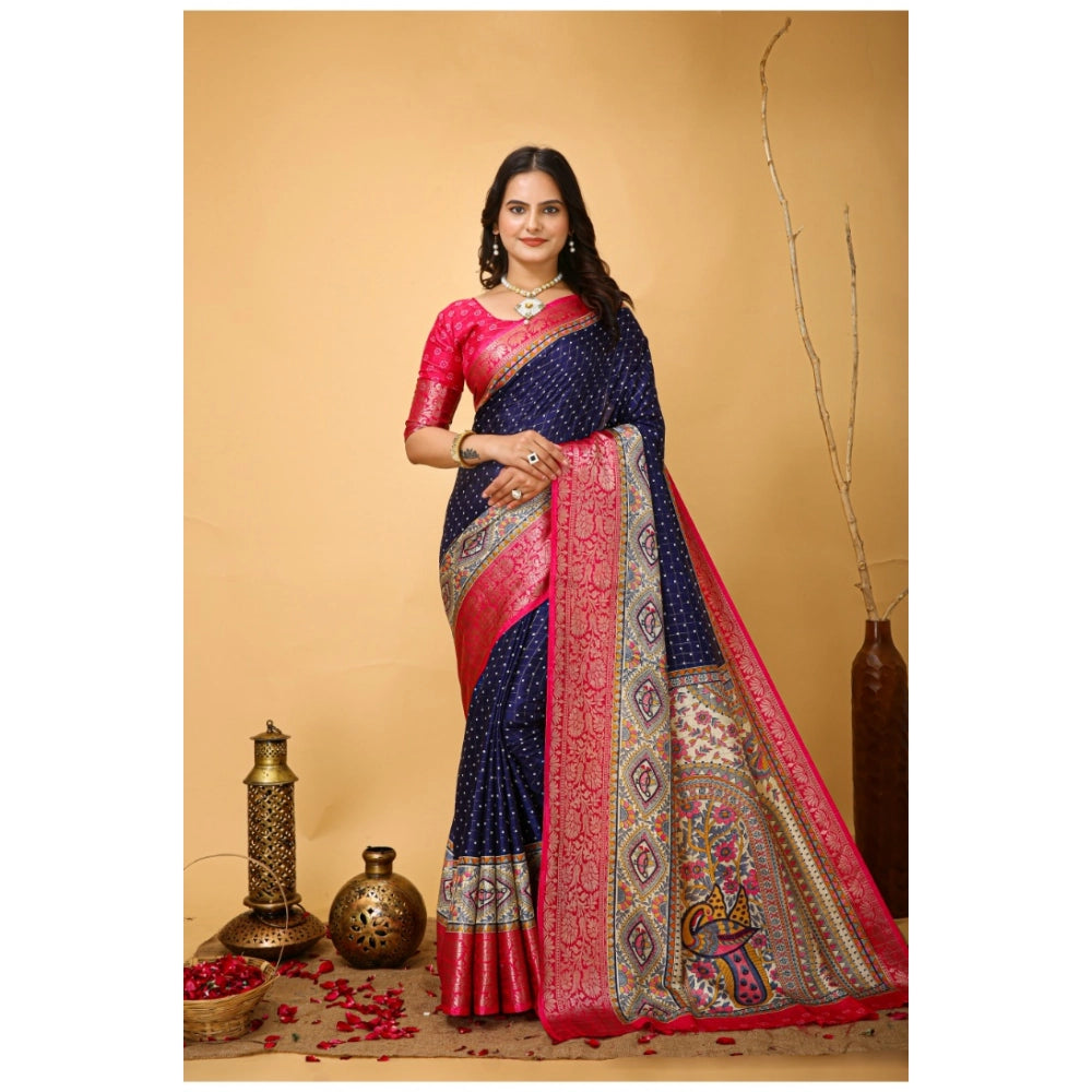 Generic Women's Soft Dola Cotton Kalamkari Printed Saree With Unstitched Blouse 5.5Mtr (Navy Blue) Main image