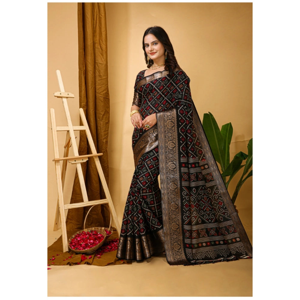 Generic Women's Soft Dola Cotton Kalamkari Printed Saree With Unstitched Blouse 5.5Mtr (Black) Secondary image